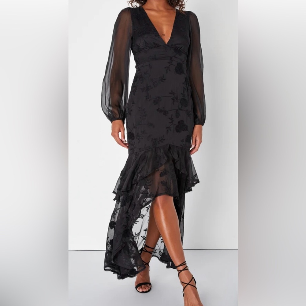 Lulus Black Chiffon Embroided Ruffled Dress